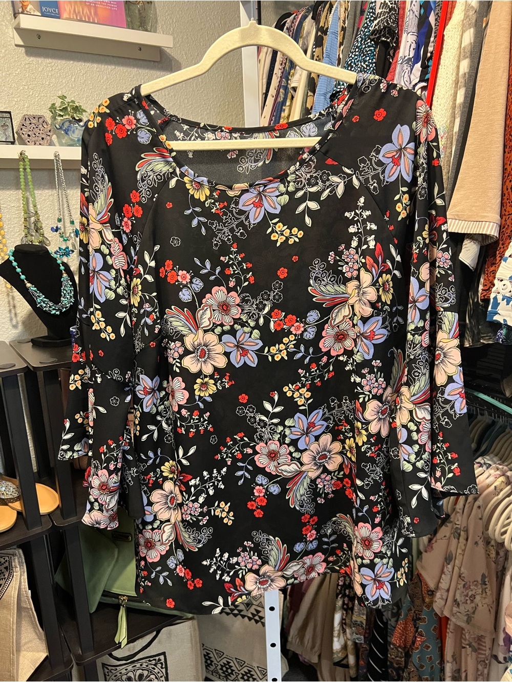 Black Floral Bell Sleeve Blouse